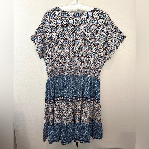 PHOOL | Plus Size Boho Blue Orange Geometric Print Midi Dress | Size 1X - Picture 4 of 5